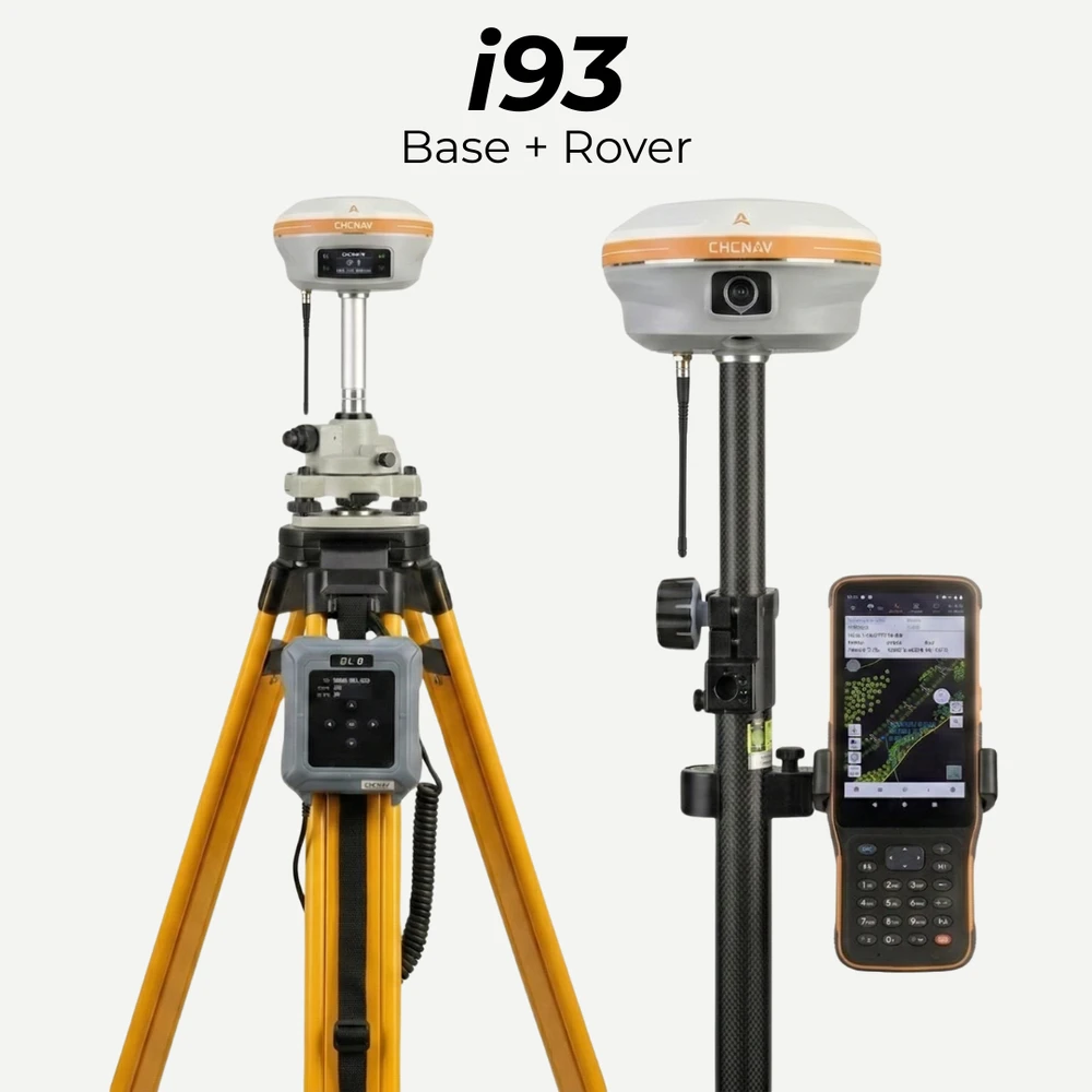 Receptor GNSS CHCNAV i93 montado en trípode y en jalón porta prisma con controladora